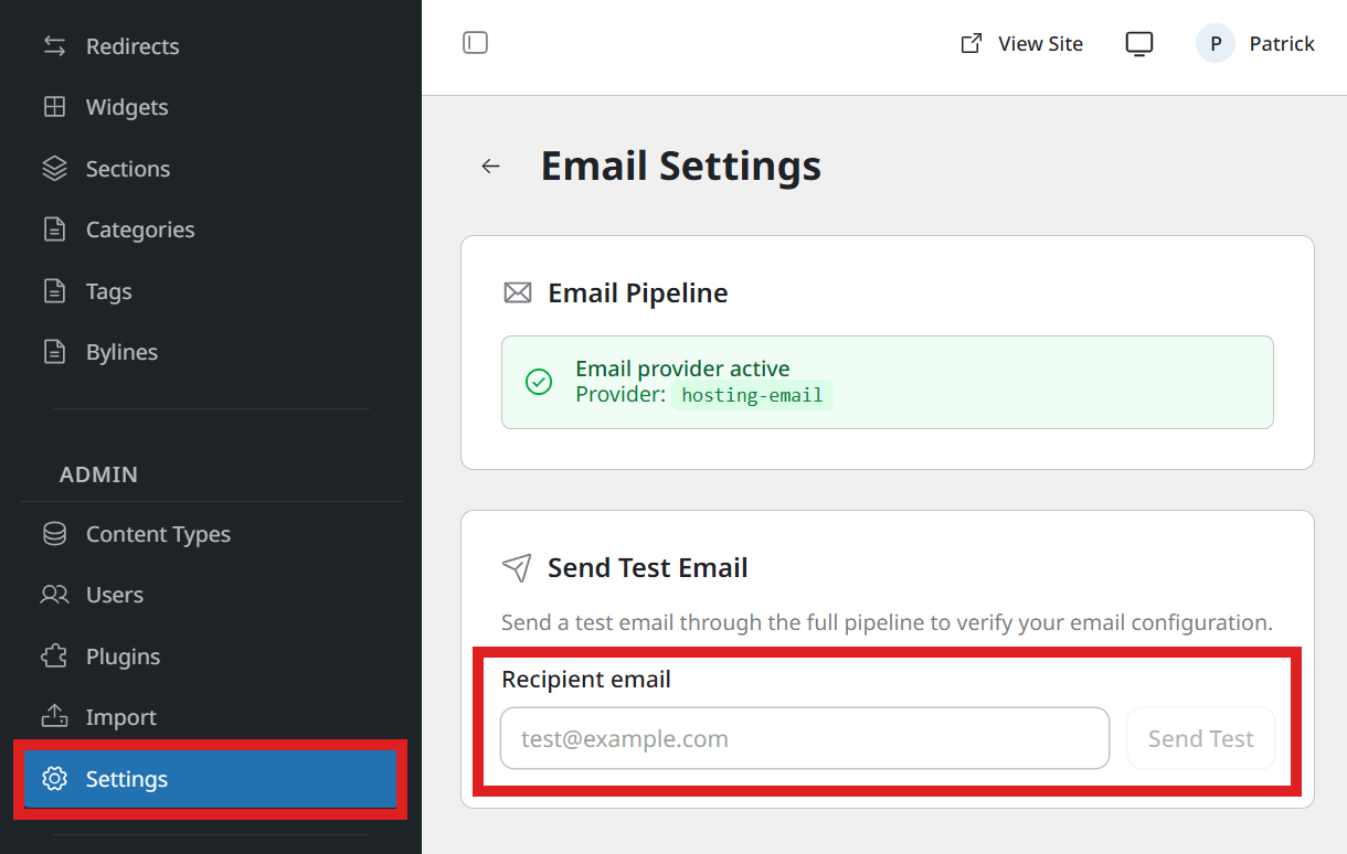 Email settings screen in an EmDash site
