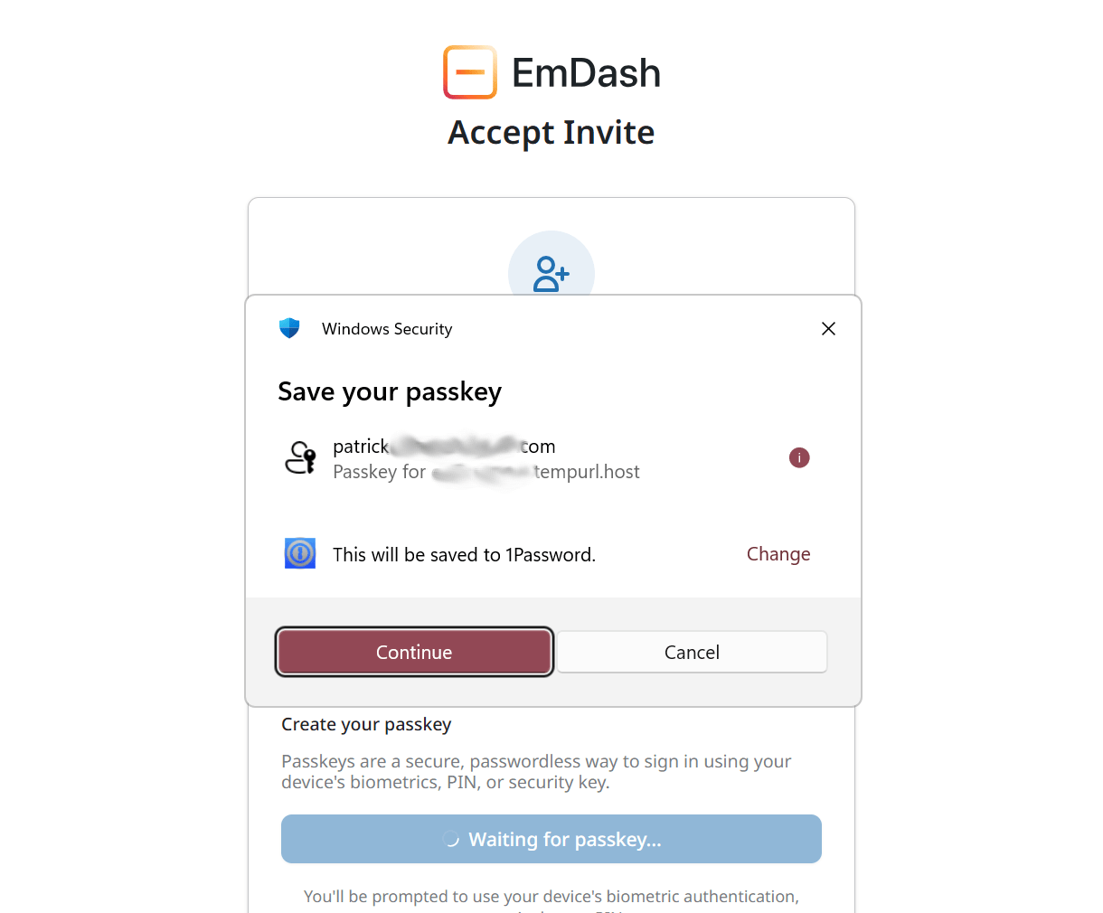 Passkey crreation for an invited EmDash user