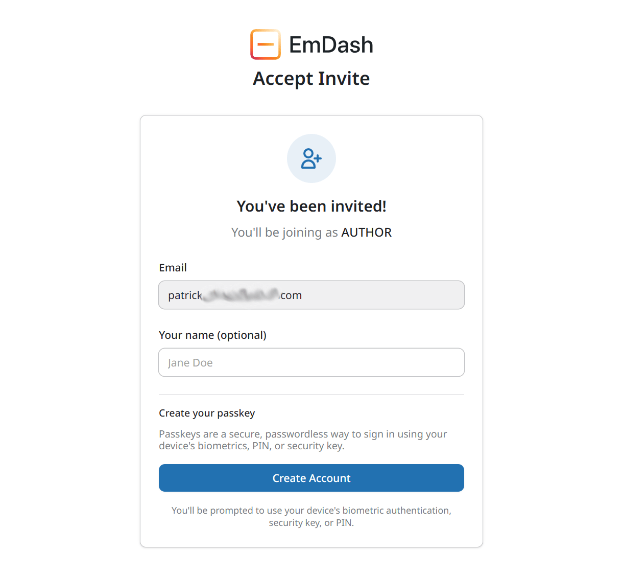 Account creation screen for an invited EmDash user