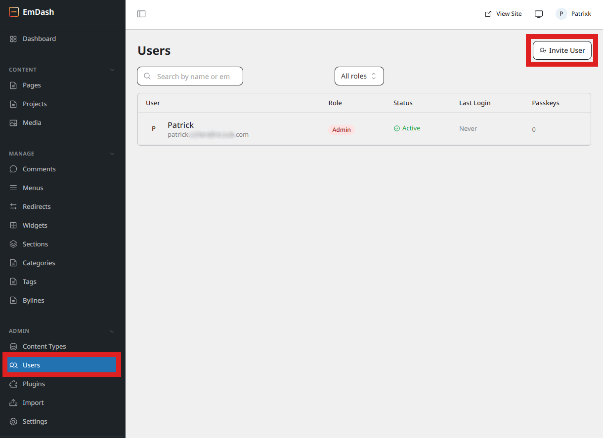 Invite a user to an EmDash site