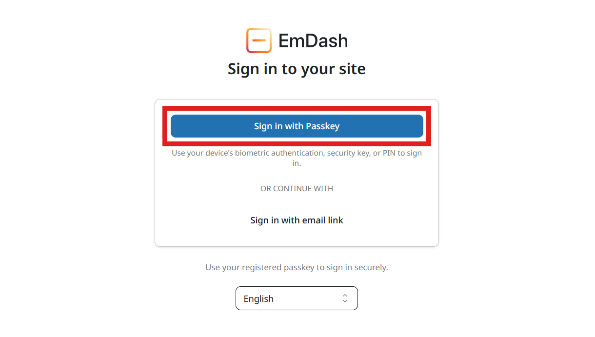 Log into an EmDash site with a mobile passkey
