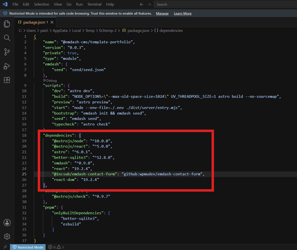 Editing the package.json file for an EmDash contact form