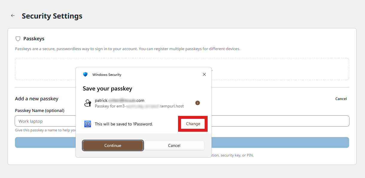 Save an EmDash passkey with a different method