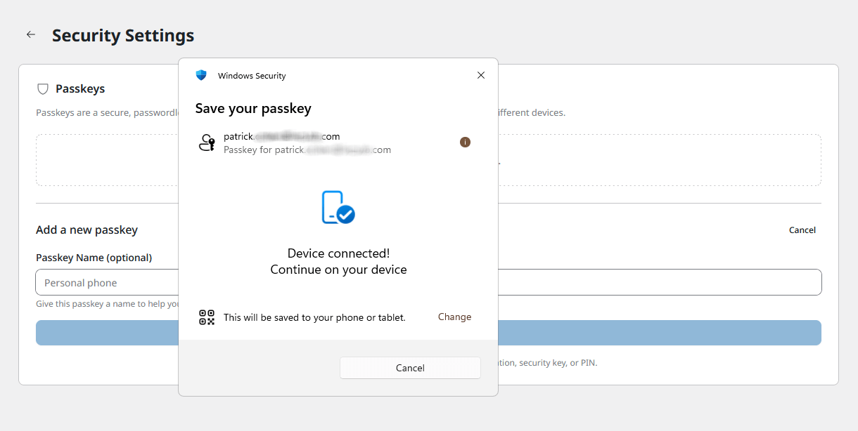 Connecting a mobile device to create a passkey
