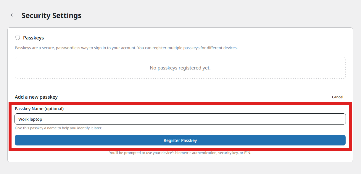 Name a passkey in an EmDash site