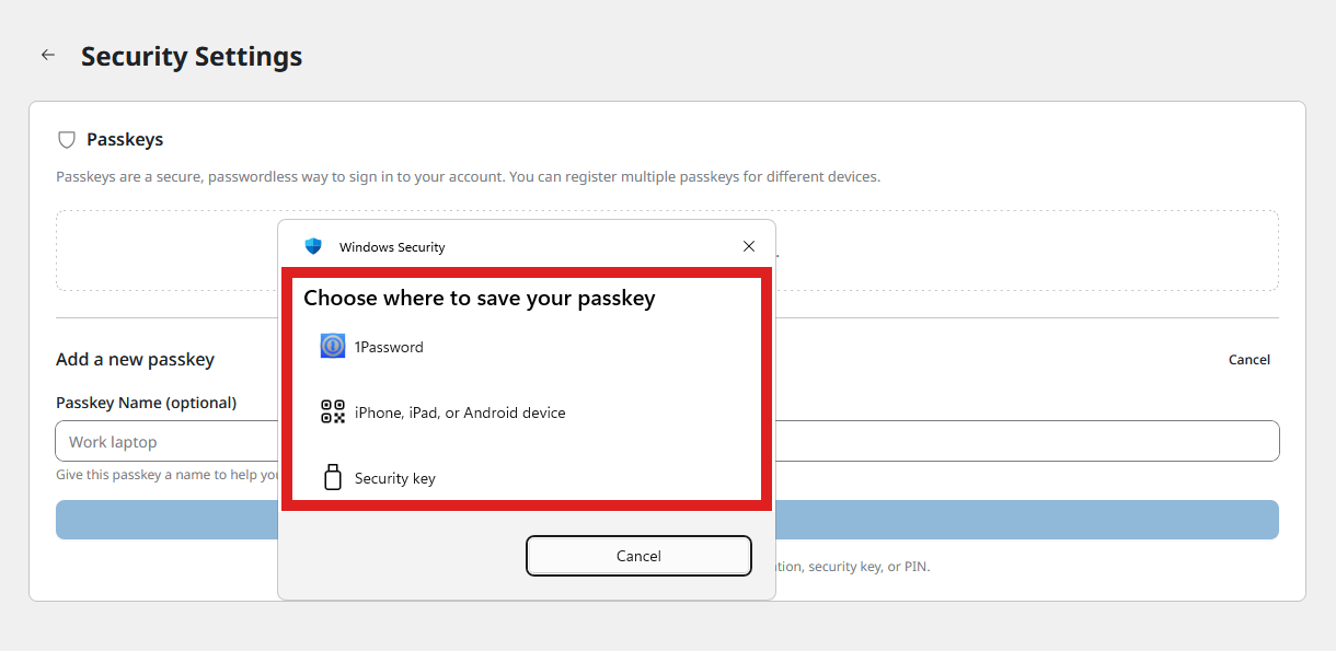Choose how to save an EmDash passkey