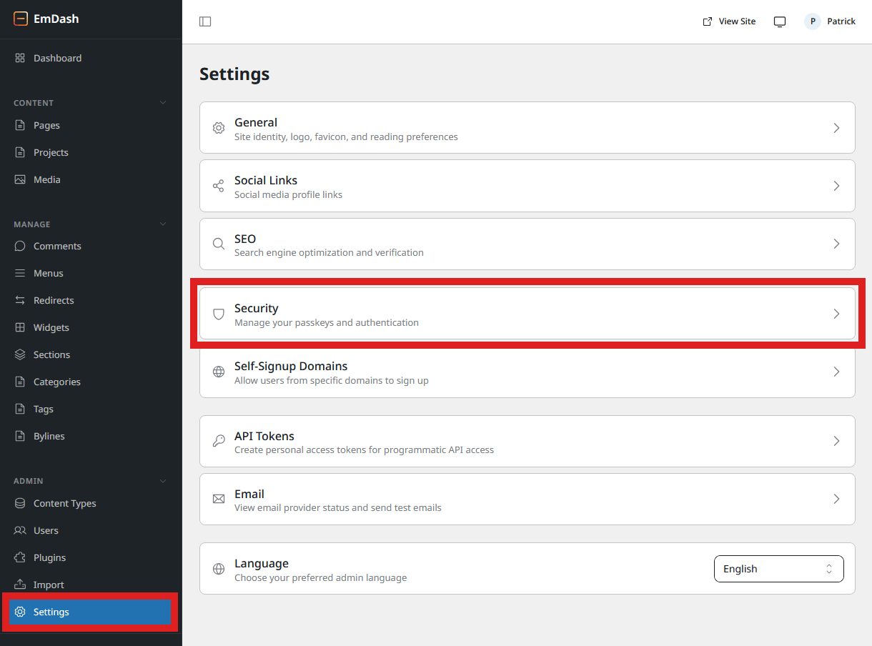Security settings in an EmDash site admin