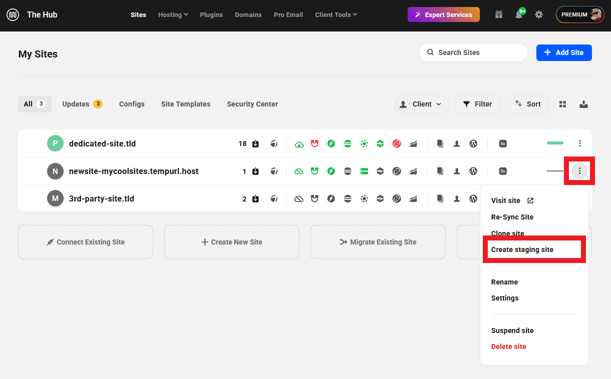 Create a new unlimited hosting staging site