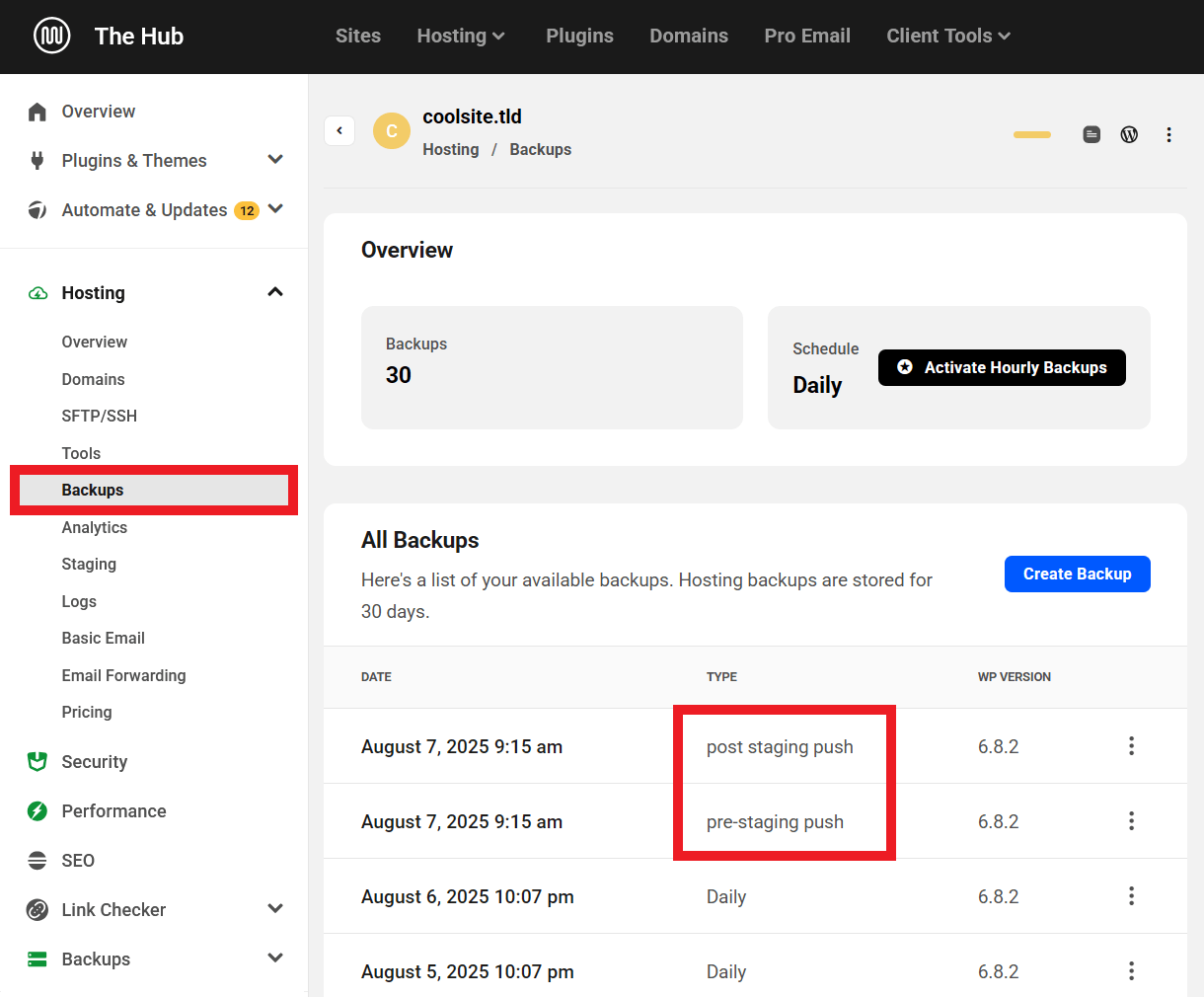 Hosting backups when moving staging to production