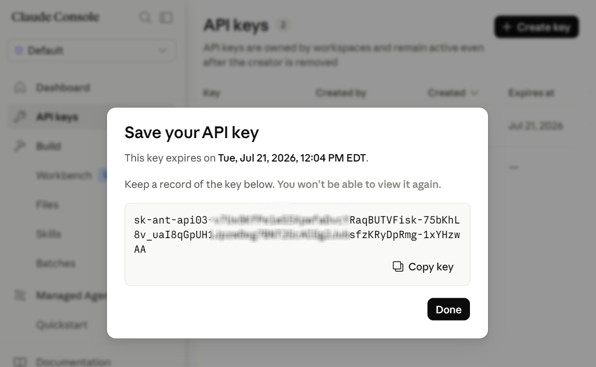 Copy a new API key at Anthropic