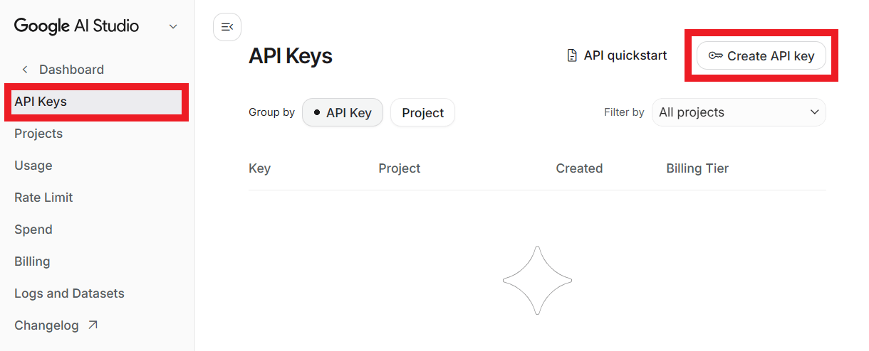 Create an API key at Google Gemini