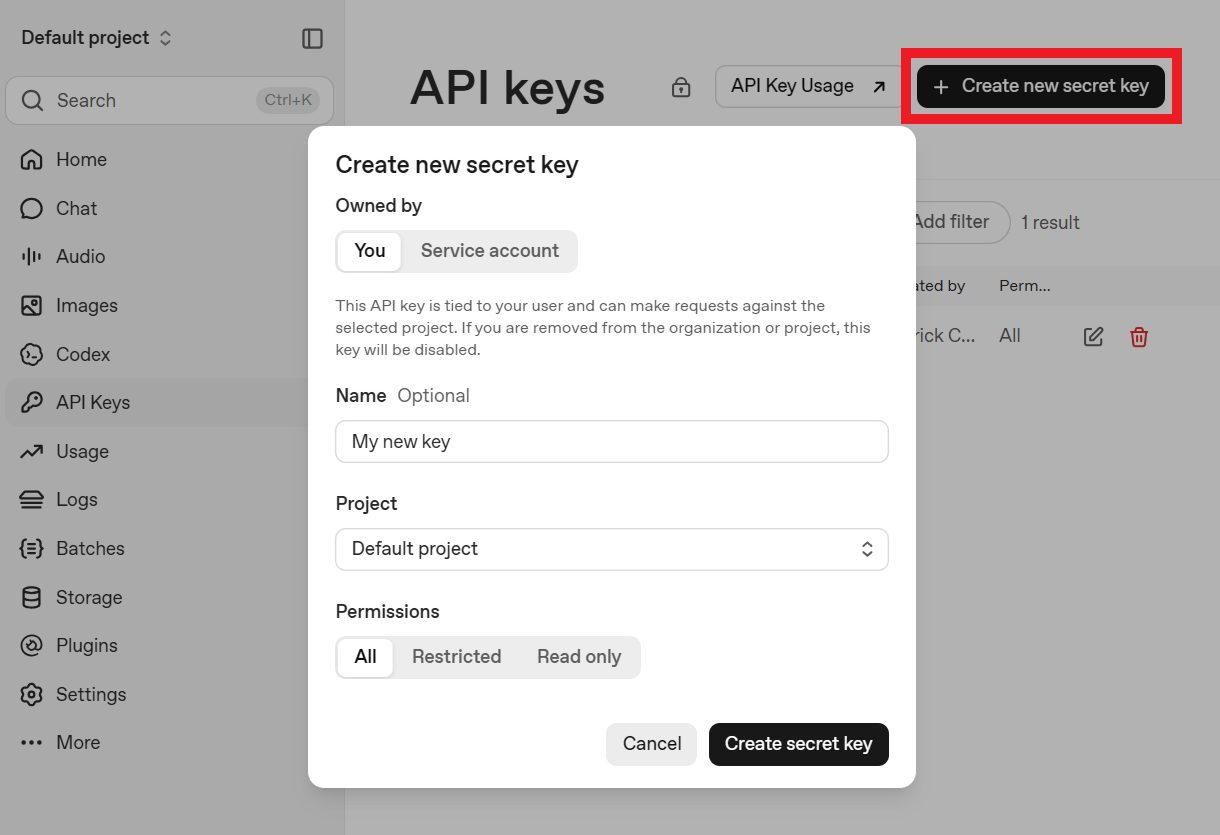 Create a new API key at OpenAI