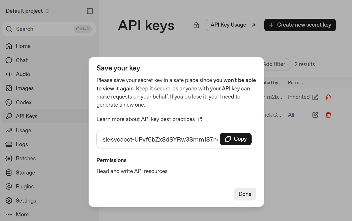 Copy a new API key at OpenAI