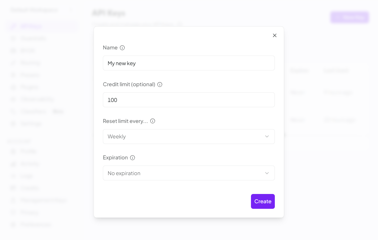 Create a new API key at OpenRouter