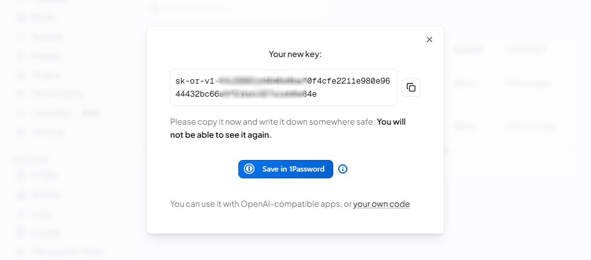 Copy a new API key at OpenRouter