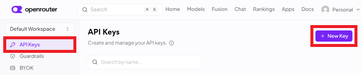 Create an API key at OpenRouter