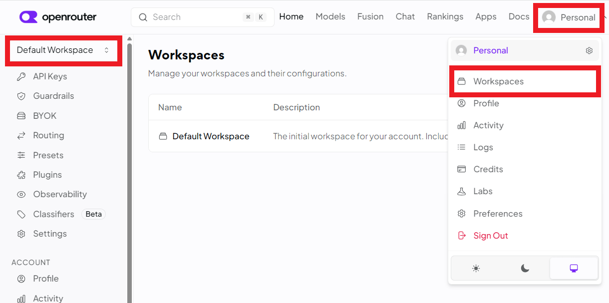 Select OpenRouter workspace