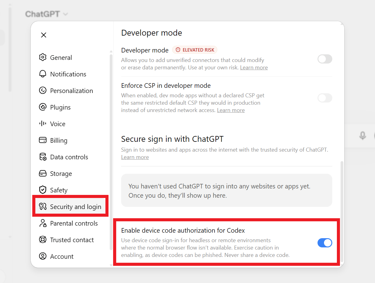 Enable device code authorization for Codex in ChatGPT security settings