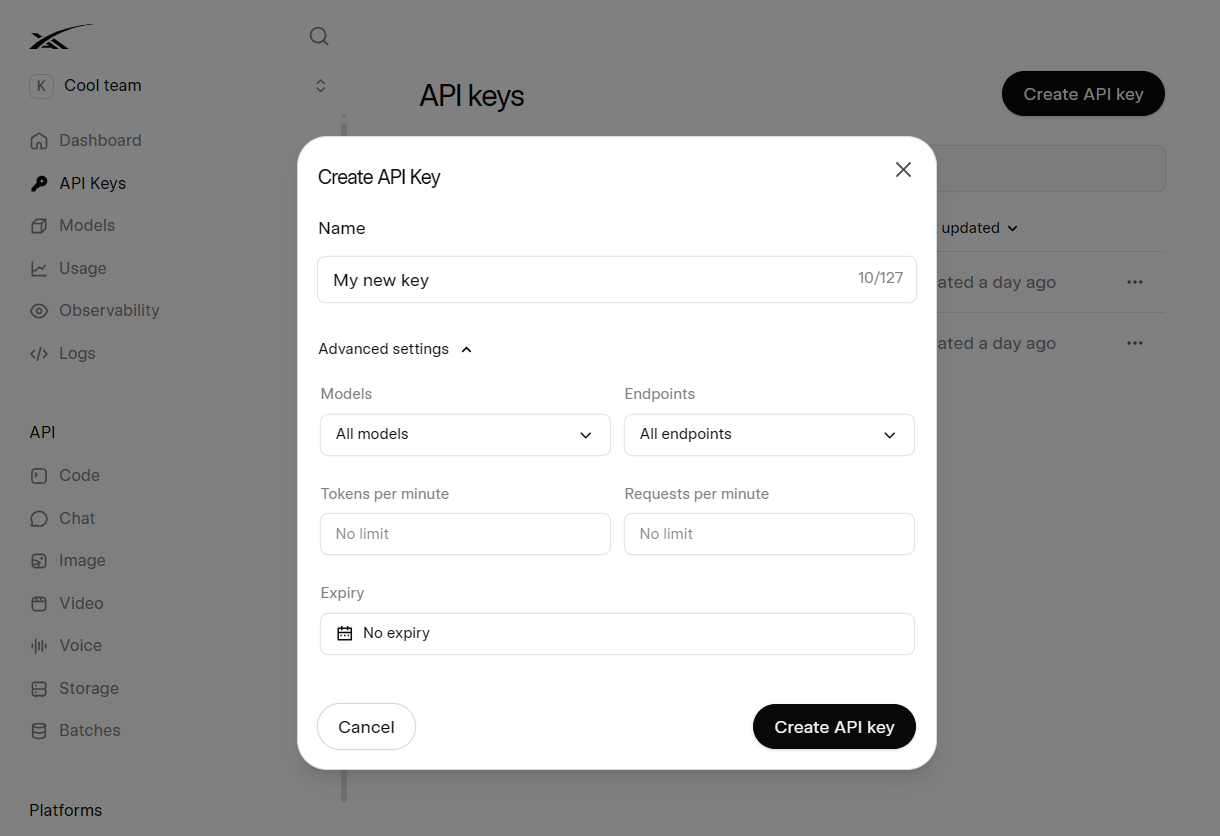Create a new API key at xAI