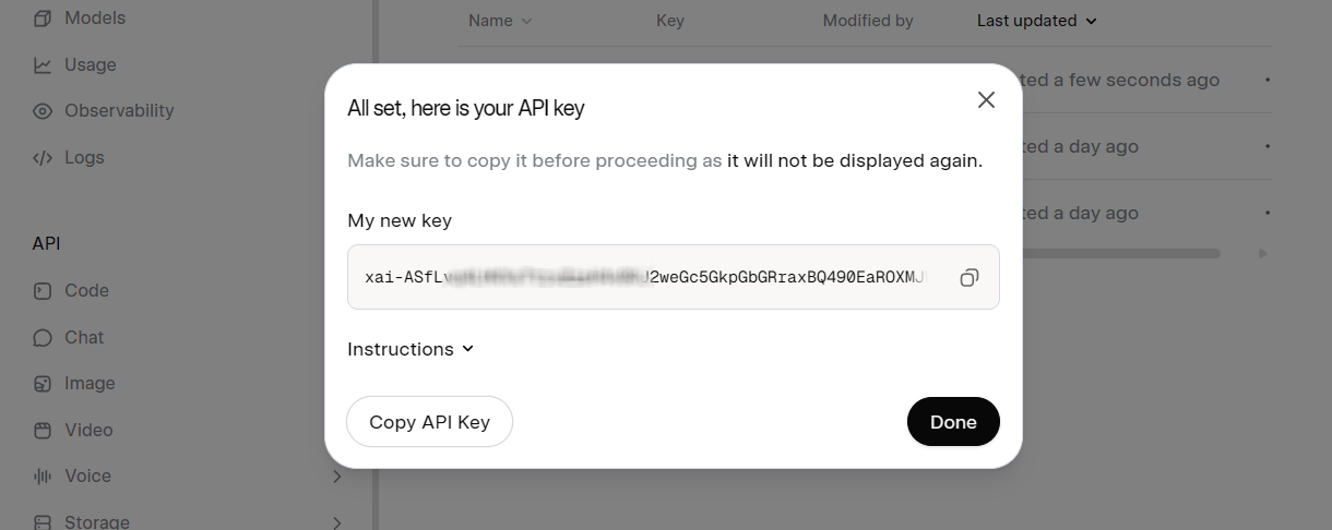 Copy a new API key at xAI