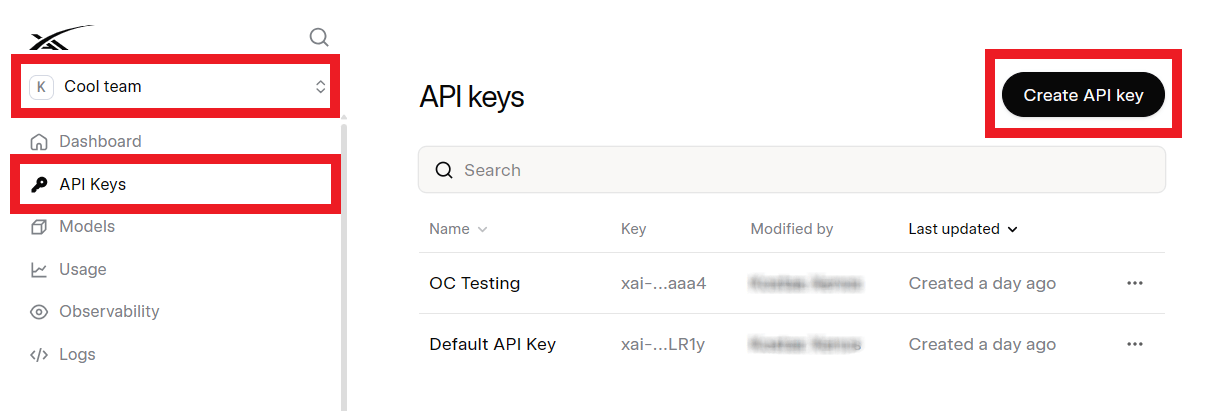 Create an API key at xAI