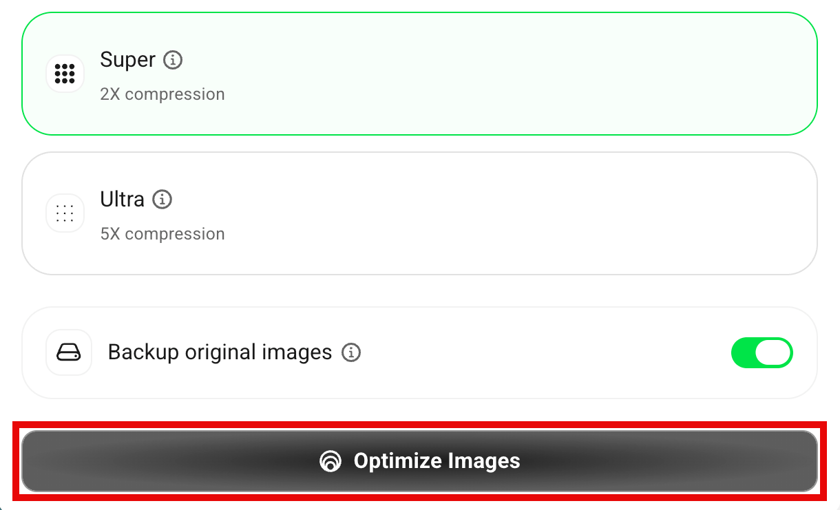 Optimize Images button in the Media Library panel