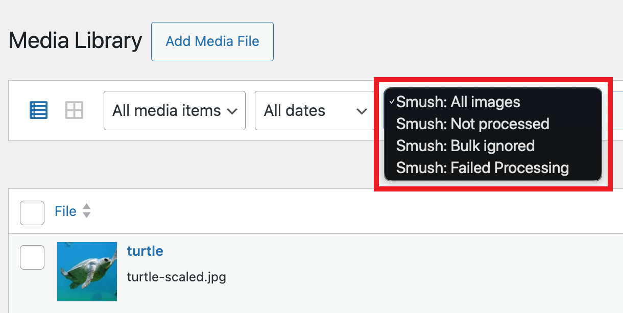Smush filters in the media library
