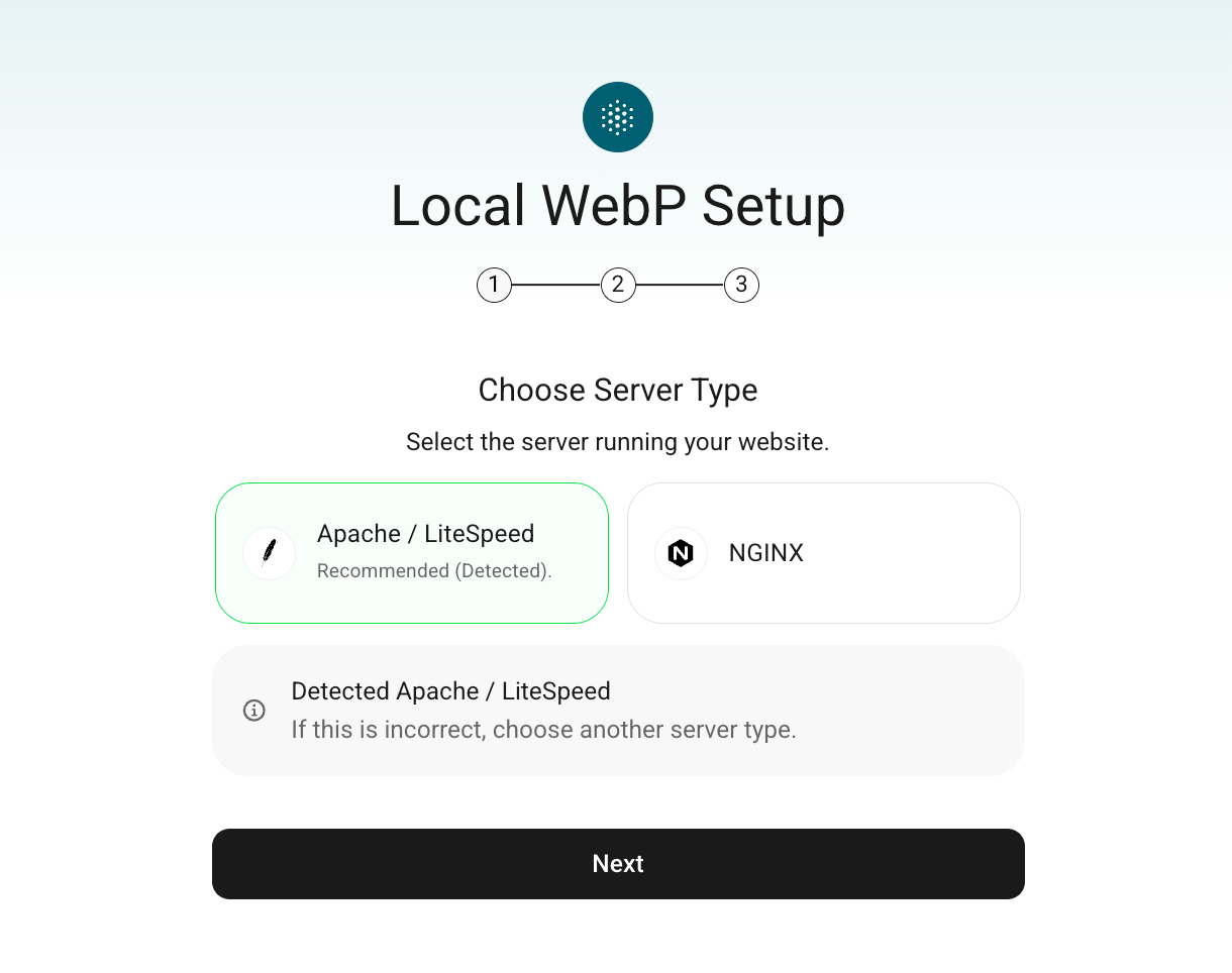 Smush WebP server conversion wizard step one