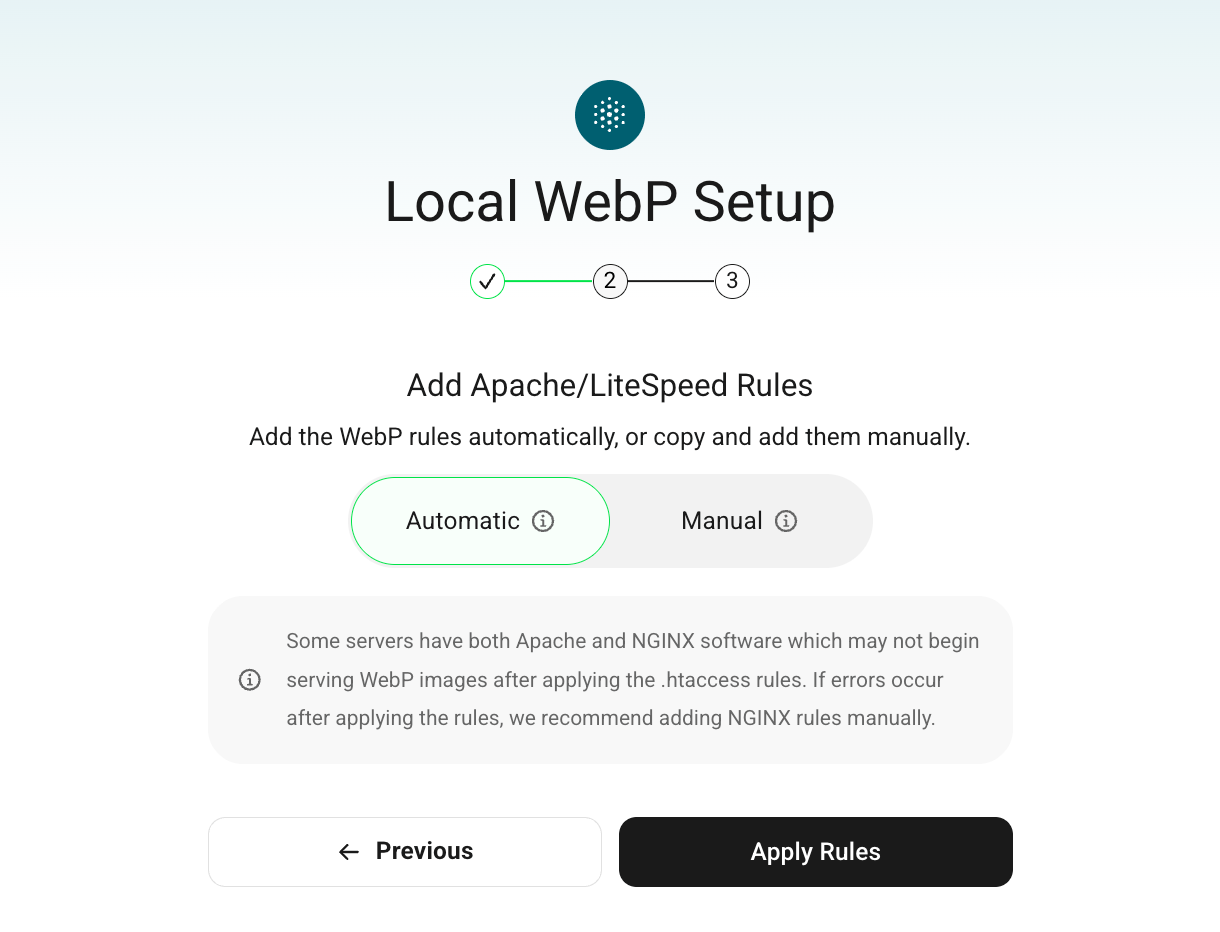 Smush WebP server conversion wizard Apache step two