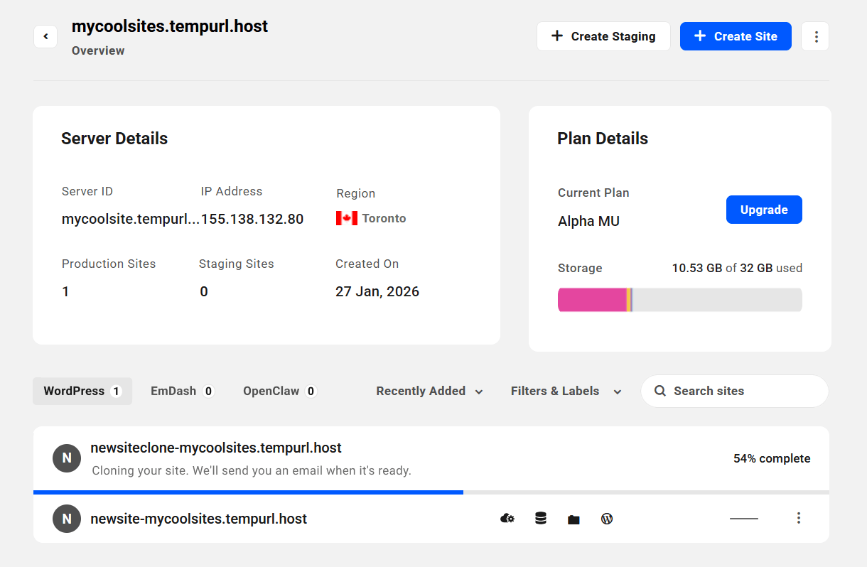 Progress indicator when cloning an unlimited hosting site