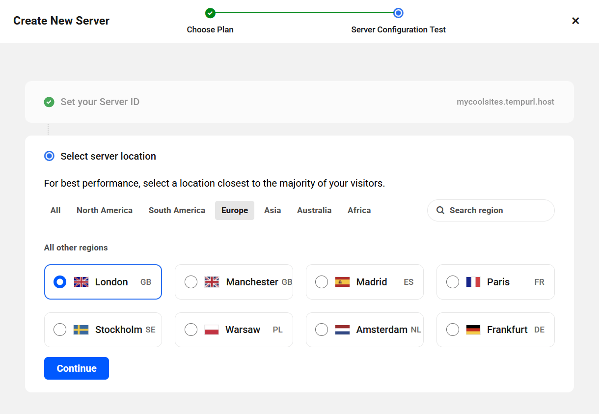 Select a hosting region for a new Unlimited Hosting server