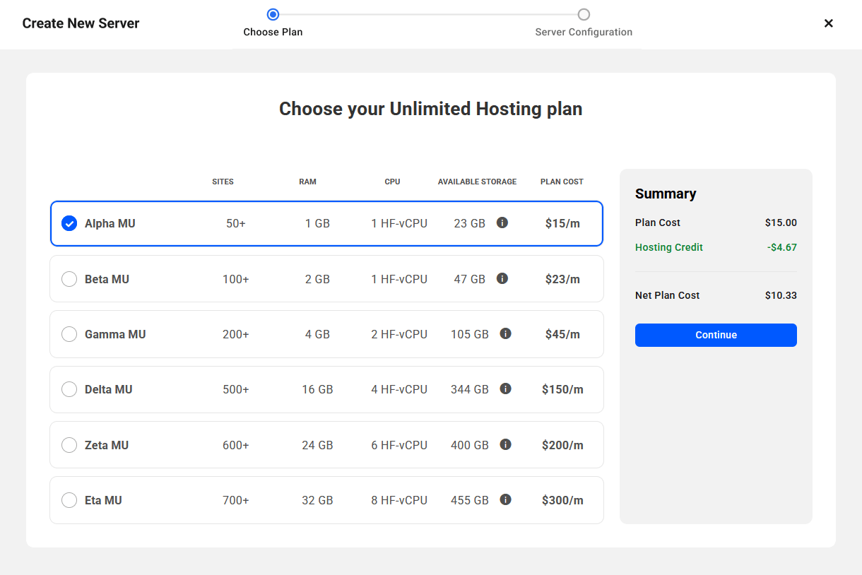 Select a hosting plan for a new Unlimited Hosting server