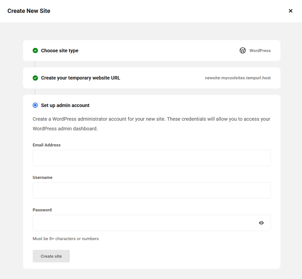 Enter an administrator name when creating a new unlimited hosting site