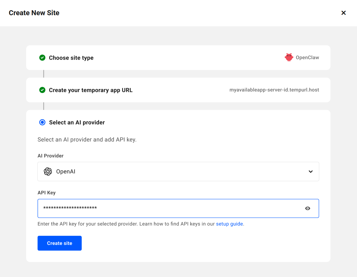 Enter AI provider API key when creating an OpenClaw site