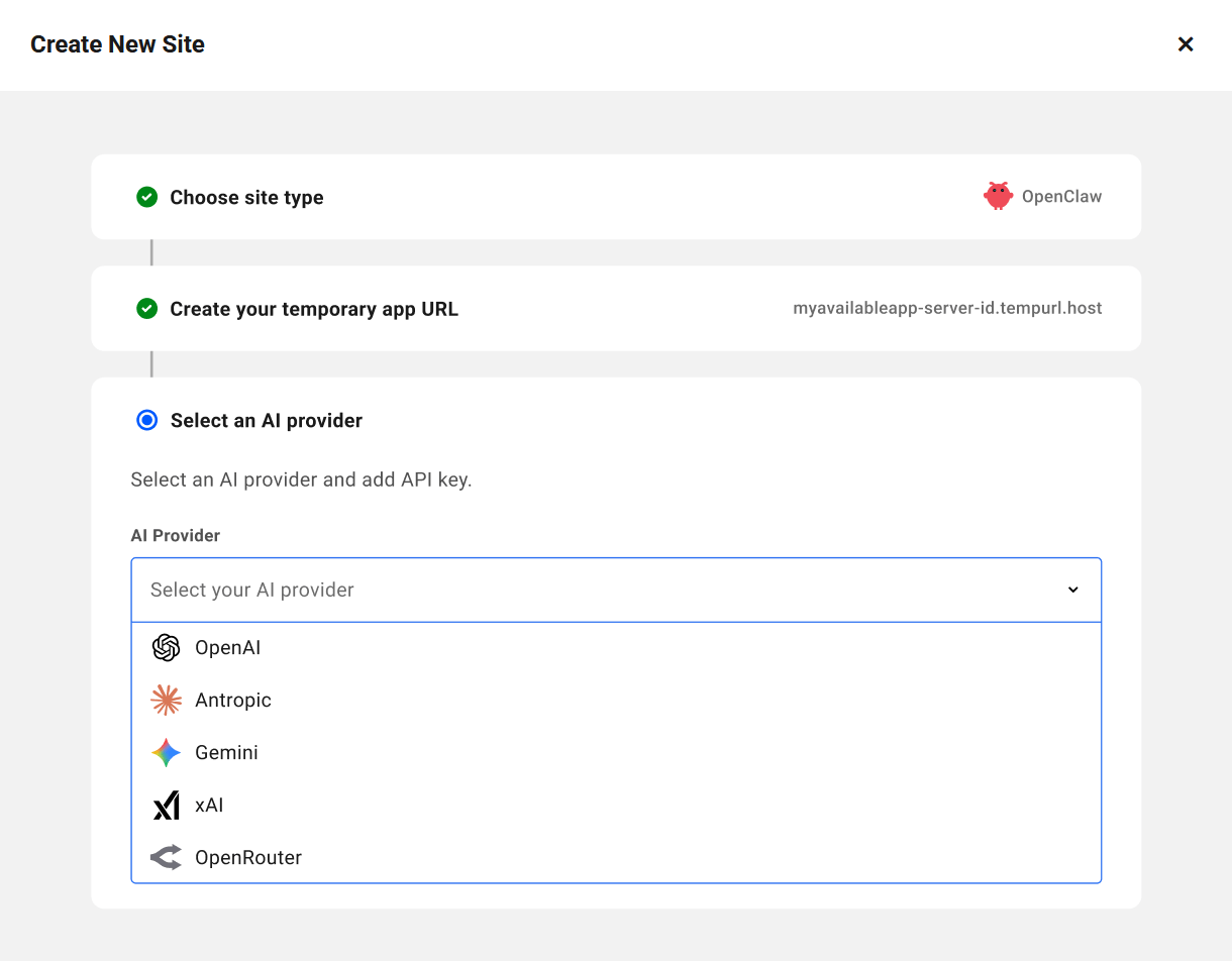 Enter AI provider when creating an OpenClaw site
