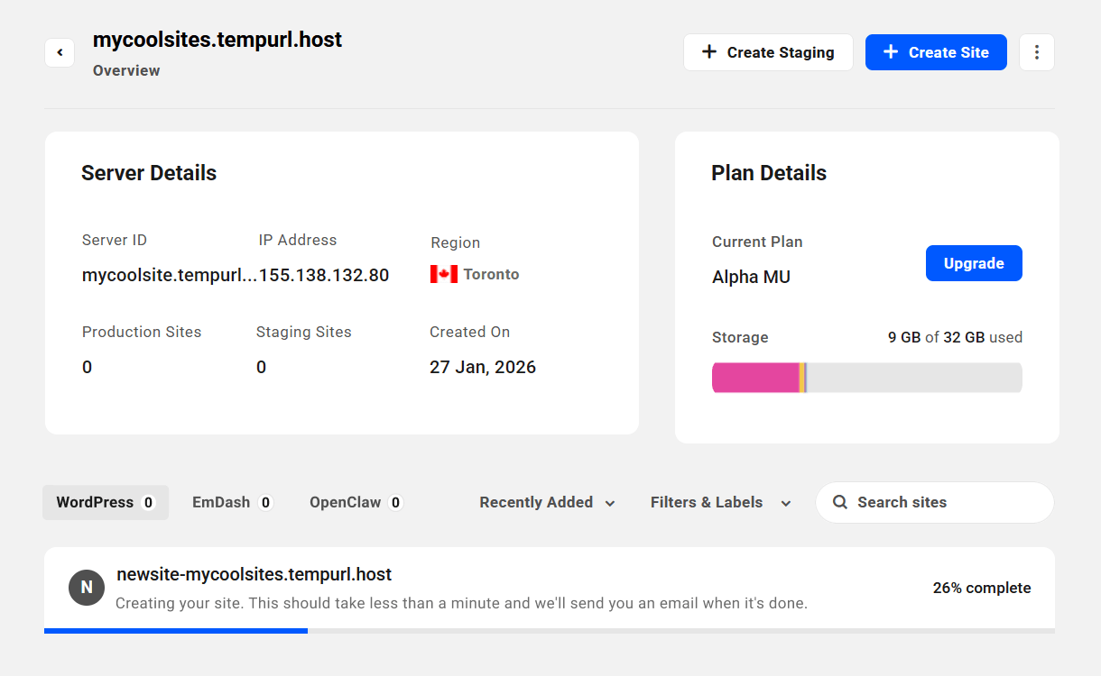 Progress indicator when creating a new unlimited hosting site