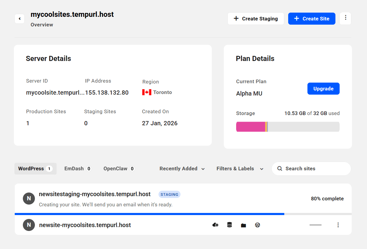 Progress indicator when creating a new unlimited hosting staging site