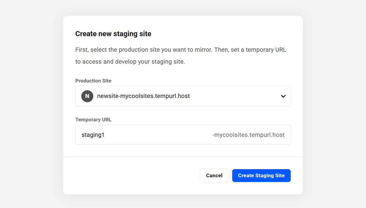 Enter a temporary URL when creating a new unlimited hosting staging site