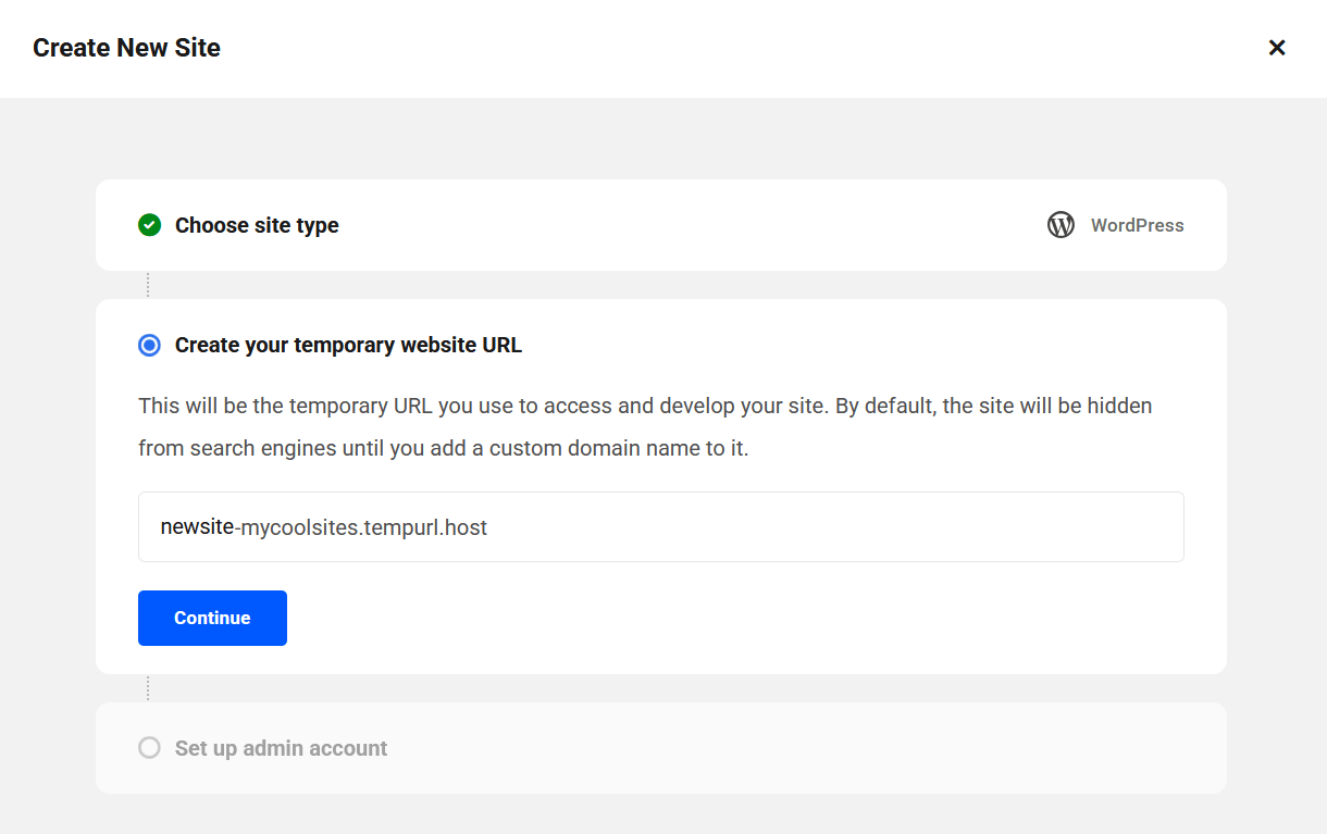 Enter a temporary URL when creating a new unlimited hosting site