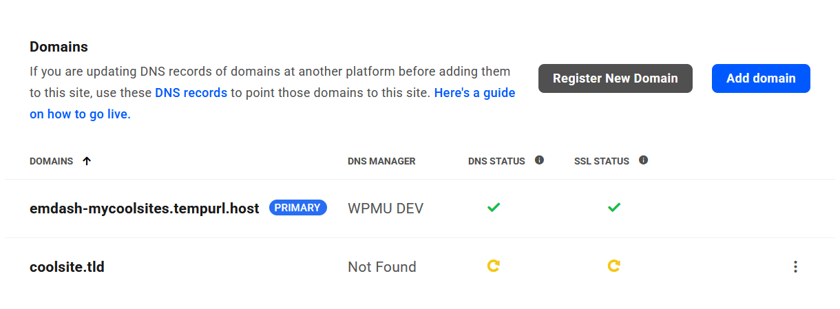Domain added to an EmDash site in The Hub