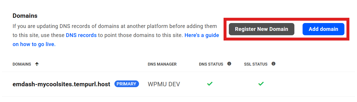 Domains screen for an EmDash site in The Hub