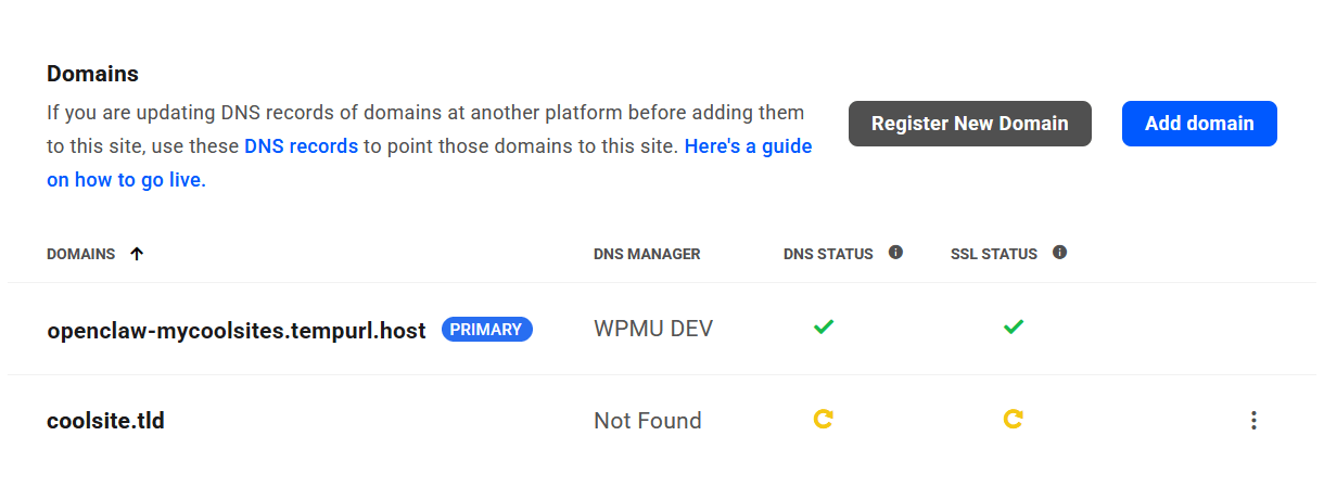 Domain added to an OpenClaw site in The Hub