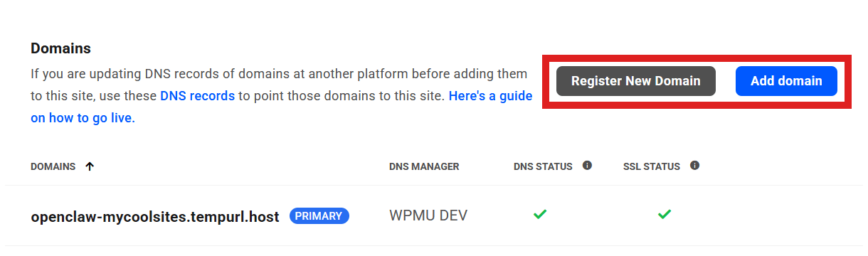 Domains screen for an OpenClaw site in The Hub
