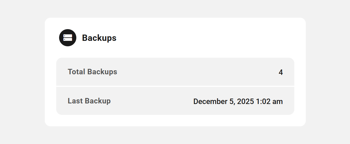Backups overview widget for an Unlimited hosting site