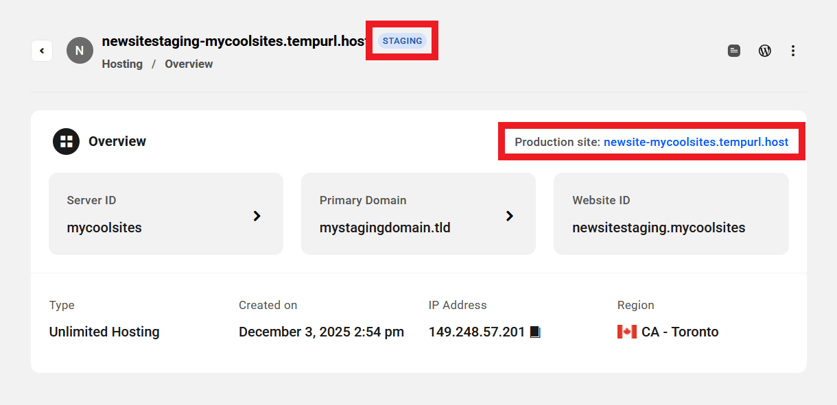 Overview screen for an Unlimited hosting staging site