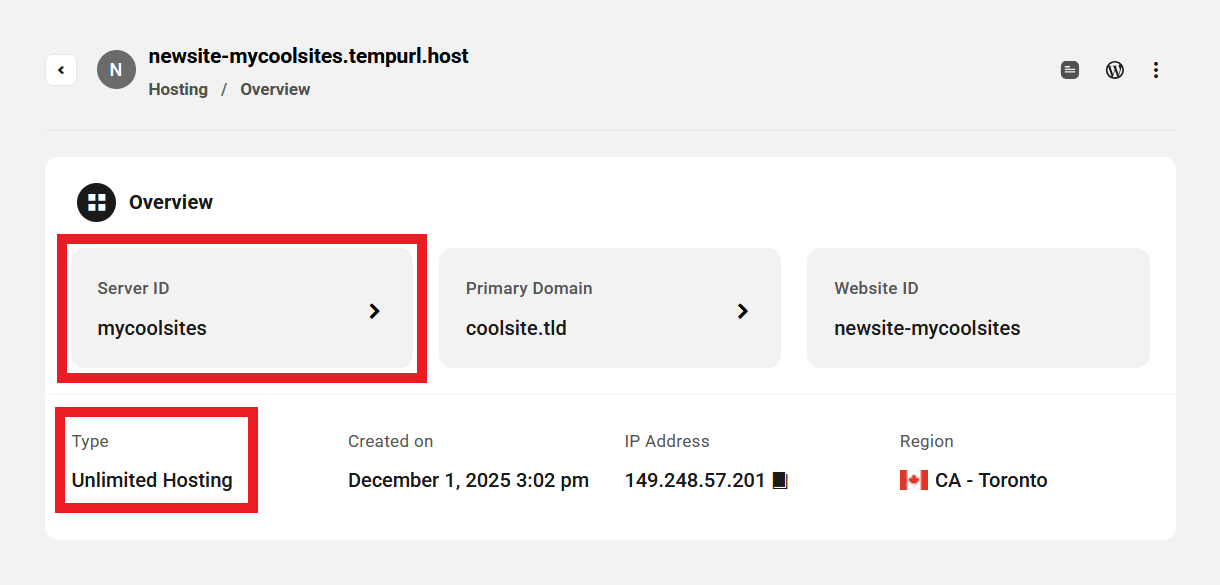 Unlimited hosting overview screen