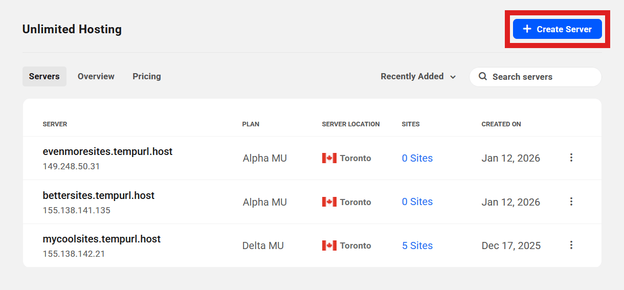 Create a new Unlimited Hosting server