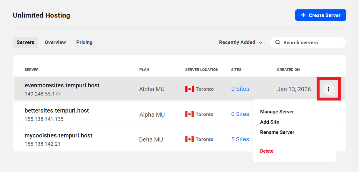 Management options in Unlimited Hosting servers lists