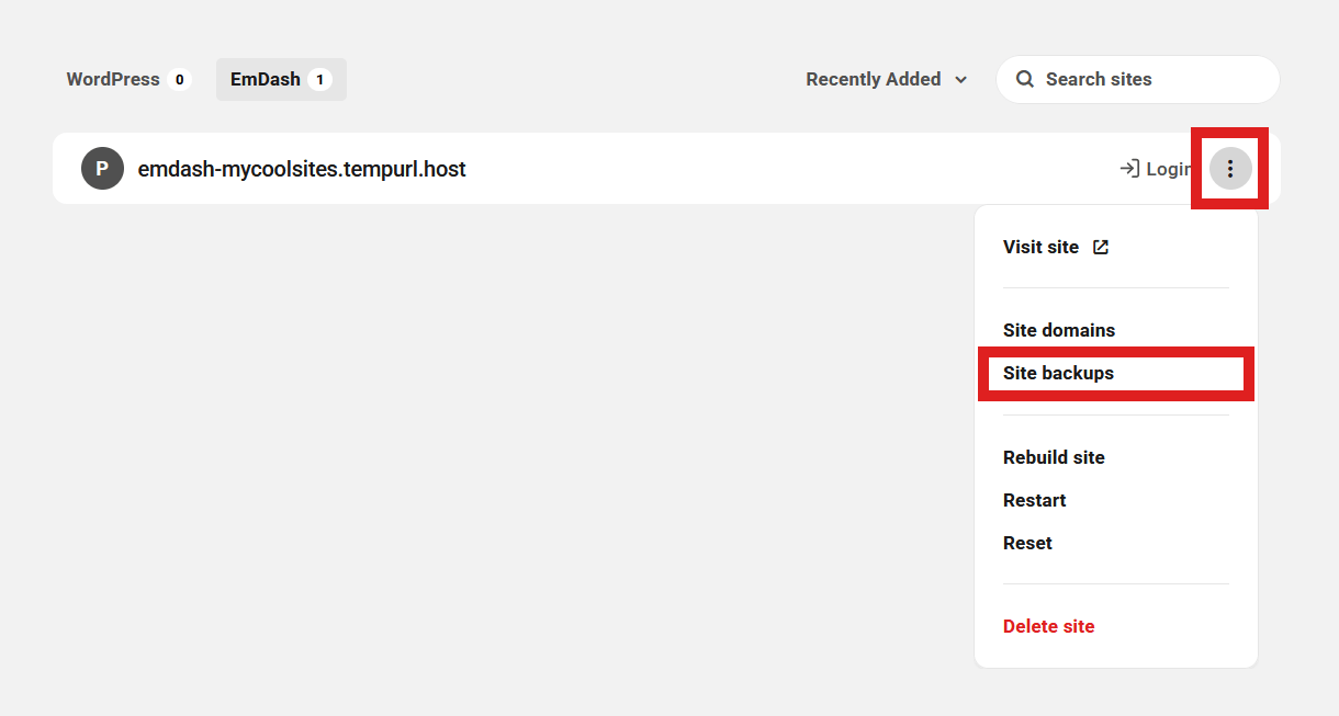 Manage backups for an EmDash site in The Hub