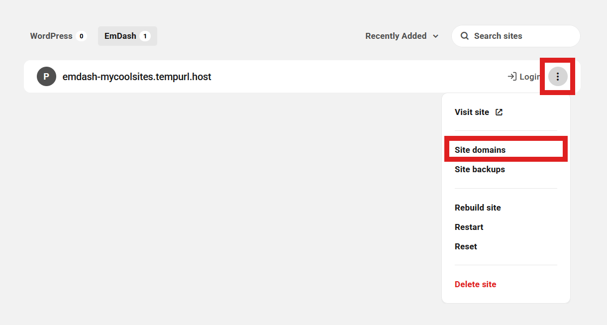 Manage domains for an EmDash site in The Hub